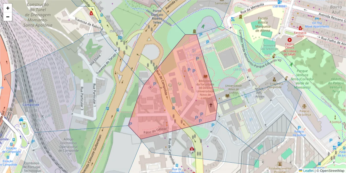 Mapa detalhado do código postal 1070-124 com limites, códigos postais vizinhos e agências dos correios