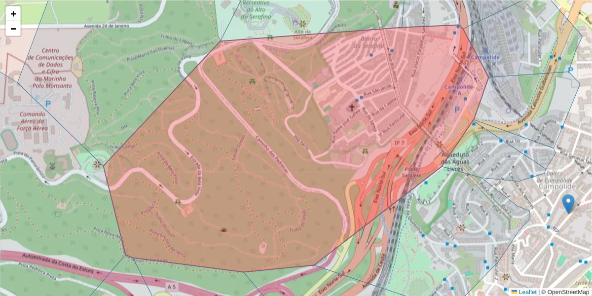 Mapa detalhado do código postal 1070-146 Campolide com limites, códigos postais vizinhos e agências dos correios
