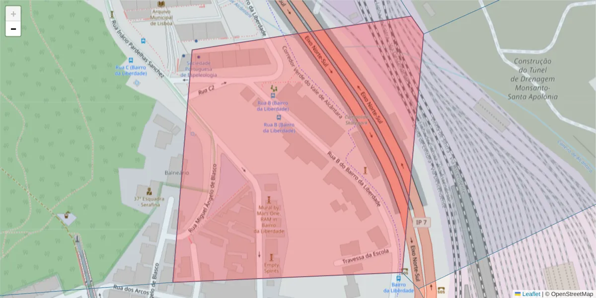 Mapa detalhado do código postal 1070-165 com limites, códigos postais vizinhos e agências dos correios