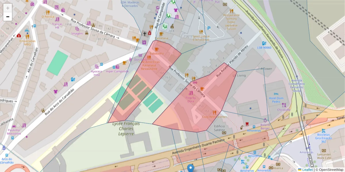 Mapa detalhado do código postal 1070-218 com limites, códigos postais vizinhos e agências dos correios