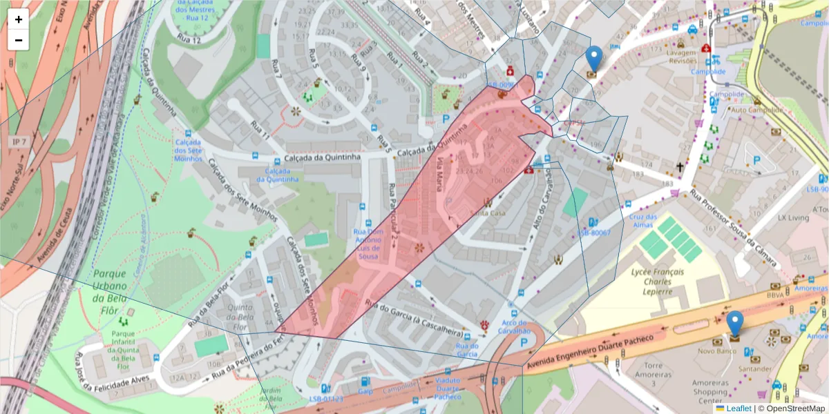 Mapa detalhado do código postal 1070-221 com limites, códigos postais vizinhos e agências dos correios