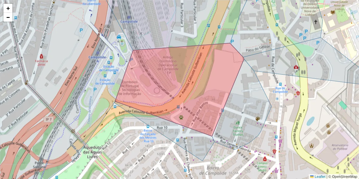 Mapa detalhado do código postal 1070-283 com limites, códigos postais vizinhos e agências dos correios
