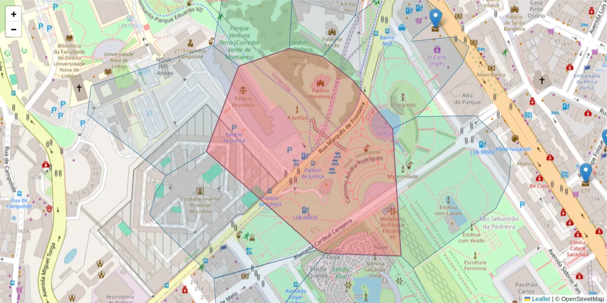 Mapa detalhado do código postal 1070-296 com limites, códigos postais vizinhos e agências dos correios
