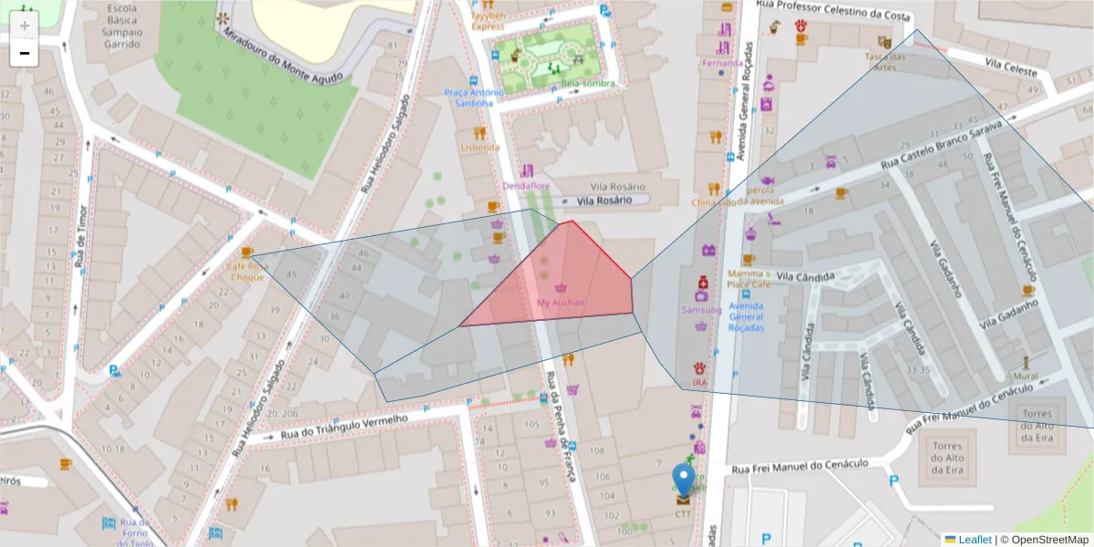 Mapa detalhado do código postal 1070-307 com limites, códigos postais vizinhos e agências dos correios