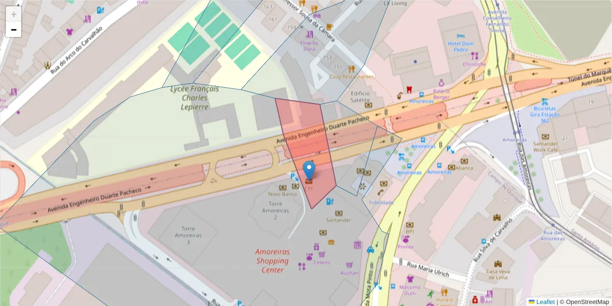 Mapa detalhado do código postal 1070-988 com limites, códigos postais vizinhos e agências dos correios