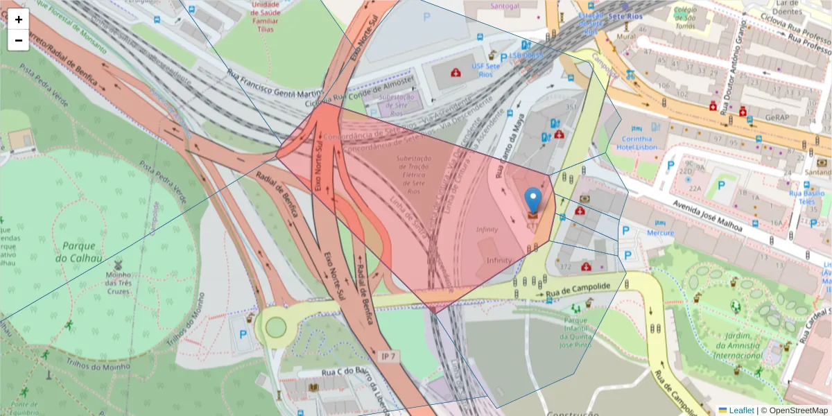 Mapa detalhado do código postal 1070-996 com limites, códigos postais vizinhos e agências dos correios