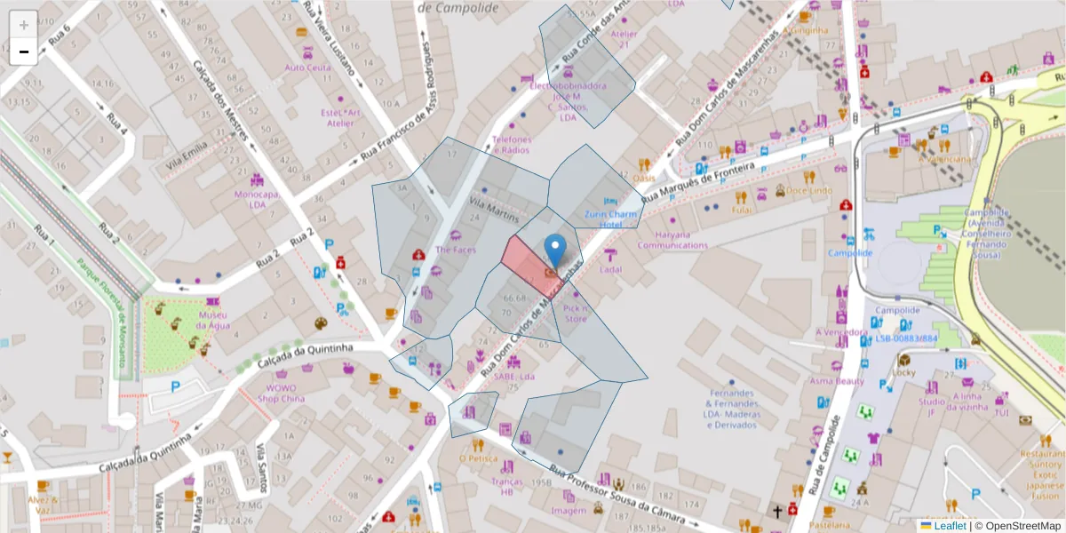 Mapa detalhado do código postal 1070-999 com limites, códigos postais vizinhos e agências dos correios