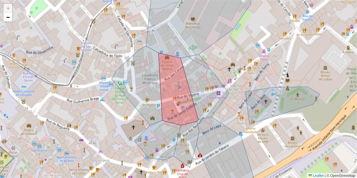 Mapa detalhado do código postal 1100-029 com limites, códigos postais vizinhos e agências dos correios