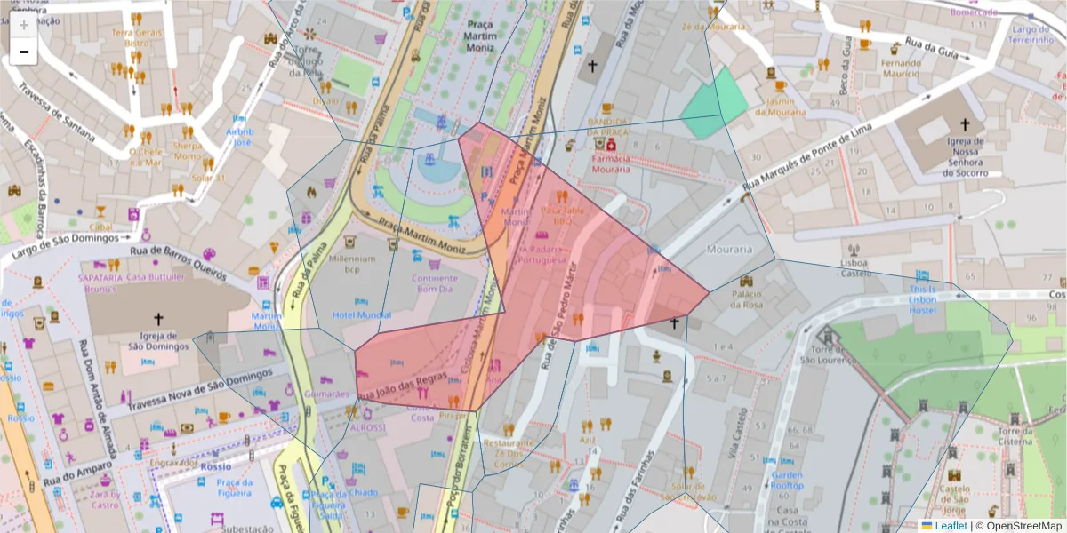 Mapa detalhado do código postal 1100-034 com limites, códigos postais vizinhos e agências dos correios