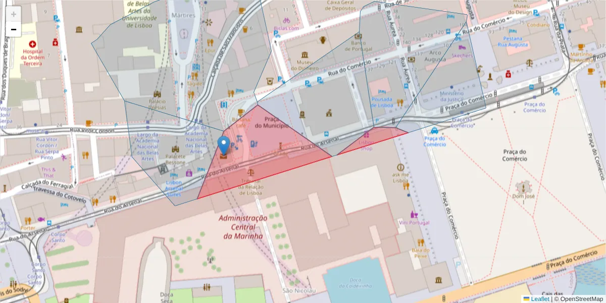 Mapa detalhado do código postal 1100-038 com limites, códigos postais vizinhos e agências dos correios