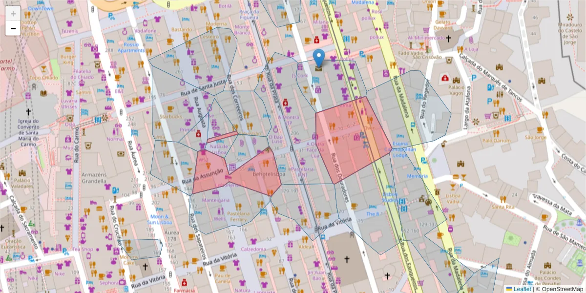 Mapa detalhado do código postal 1100-042 com limites, códigos postais vizinhos e agências dos correios