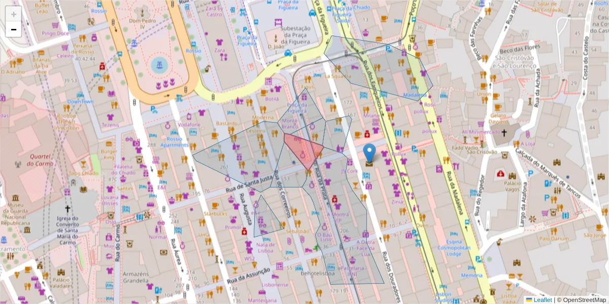 Mapa detalhado do código postal 1100-052 com limites, códigos postais vizinhos e agências dos correios