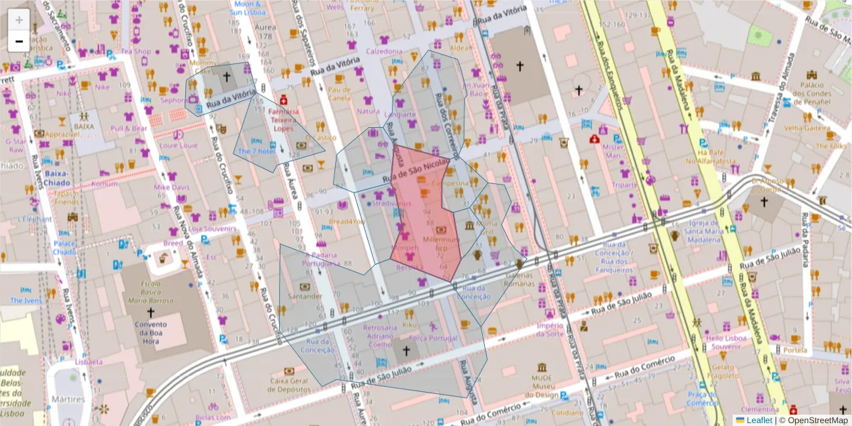 Mapa detalhado do código postal 1100-053 com limites, códigos postais vizinhos e agências dos correios