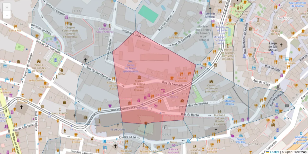 Mapa detalhado do código postal 1100-059 com limites, códigos postais vizinhos e agências dos correios