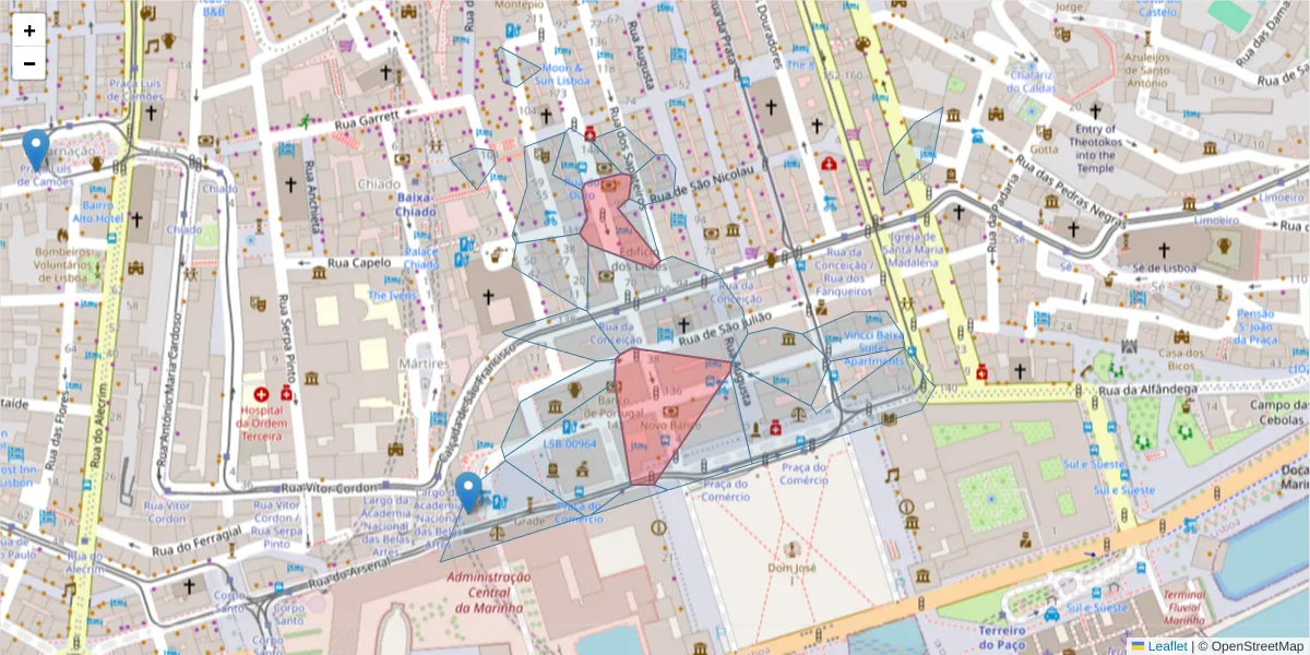 Mapa detalhado do código postal 1100-063 com limites, códigos postais vizinhos e agências dos correios