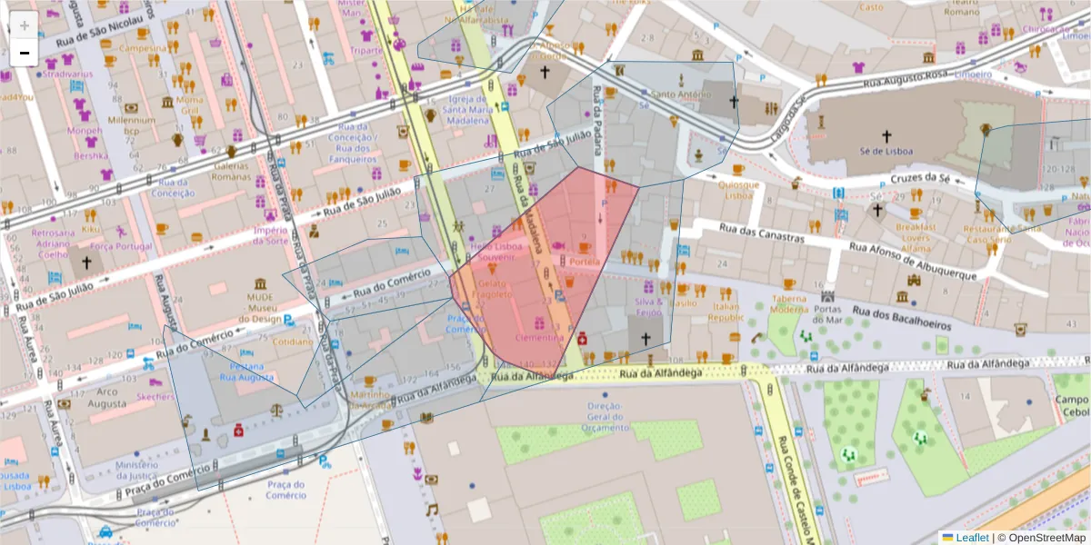Mapa detalhado do código postal 1100-071 com limites, códigos postais vizinhos e agências dos correios