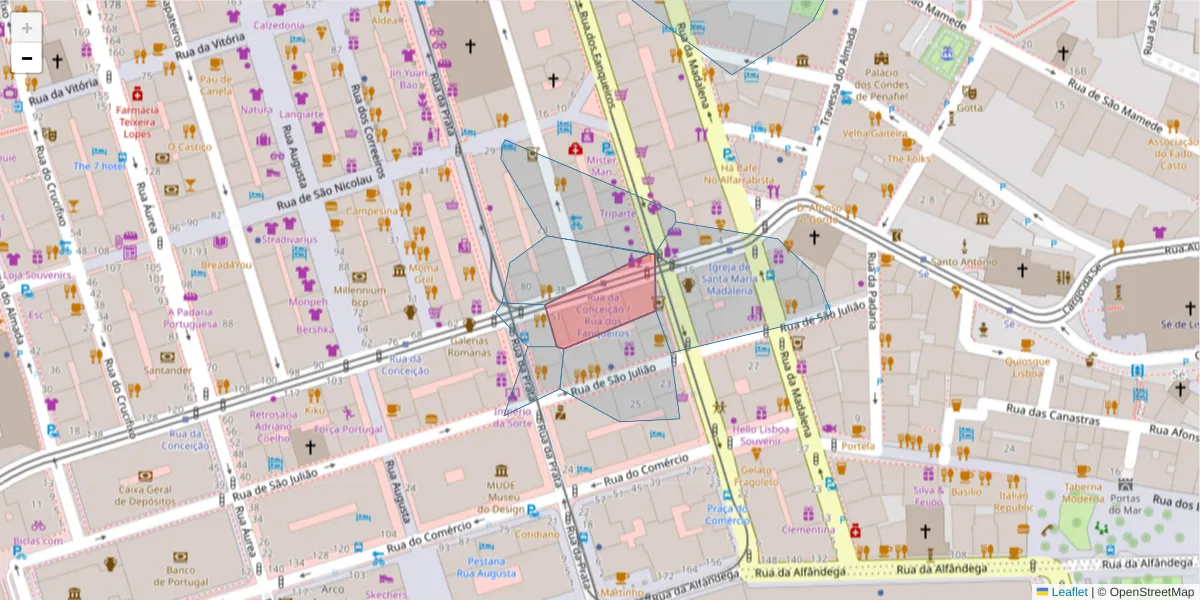 Mapa detalhado do código postal 1100-15- com limites, códigos postais vizinhos e agências dos correios