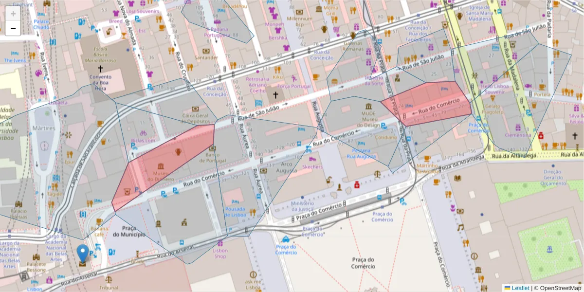 Mapa detalhado do código postal 1100-150 com limites, códigos postais vizinhos e agências dos correios