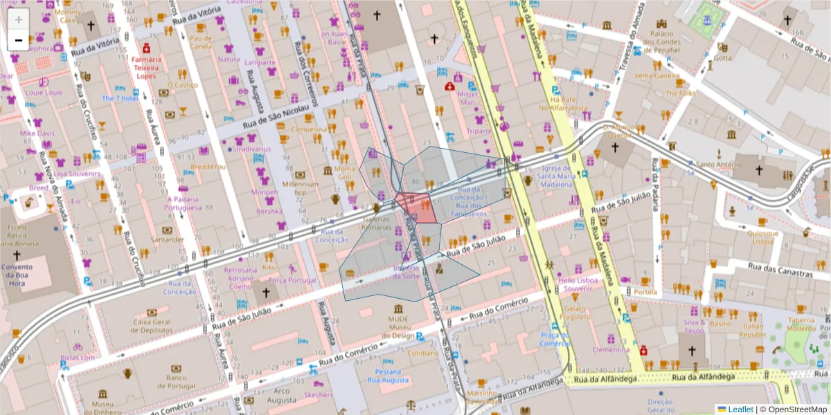 Mapa detalhado do código postal 1100-151 com limites, códigos postais vizinhos e agências dos correios