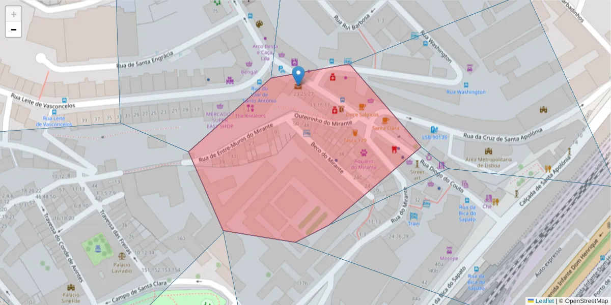 Mapa detalhado do código postal 1100-195 com limites, códigos postais vizinhos e agências dos correios