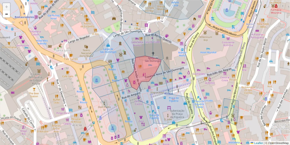 Mapa detalhado do código postal 1100-197 com limites, códigos postais vizinhos e agências dos correios