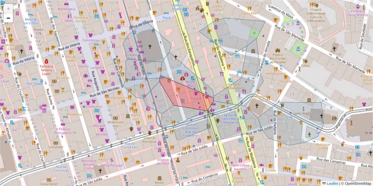 Mapa detalhado do código postal 1100-203 com limites, códigos postais vizinhos e agências dos correios