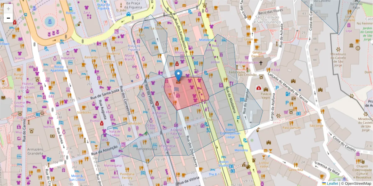 Mapa detalhado do código postal 1100-207 com limites, códigos postais vizinhos e agências dos correios