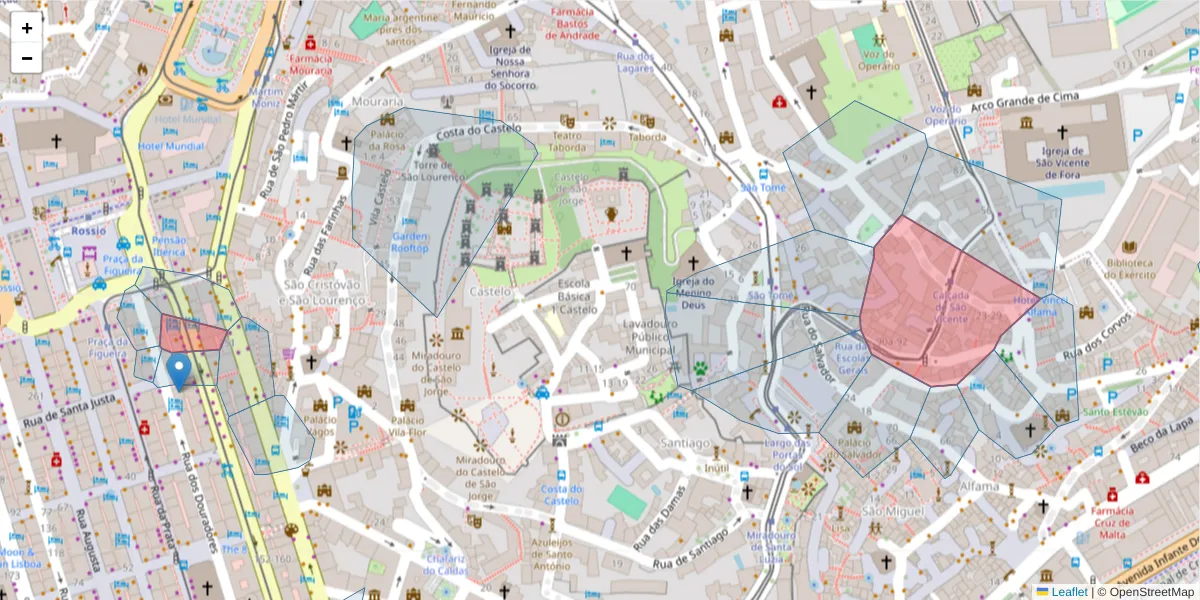 Mapa detalhado do código postal 1100-213 com limites, códigos postais vizinhos e agências dos correios