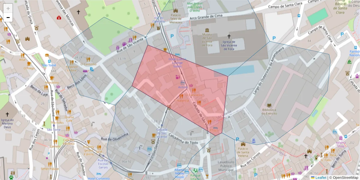 Mapa detalhado do código postal 1100-216 com limites, códigos postais vizinhos e agências dos correios