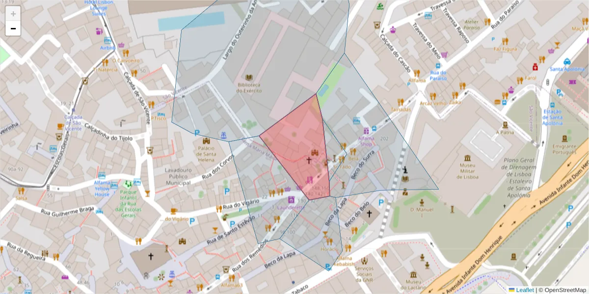 Mapa detalhado do código postal 1100-221 com limites, códigos postais vizinhos e agências dos correios