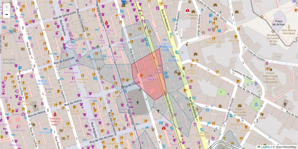 Mapa detalhado do código postal 1100-228 com limites, códigos postais vizinhos e agências dos correios