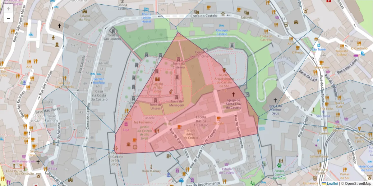 Mapa detalhado do código postal 1100-245 com limites, códigos postais vizinhos e agências dos correios