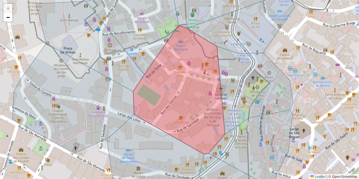 Mapa detalhado do código postal 1100-261 com limites, códigos postais vizinhos e agências dos correios