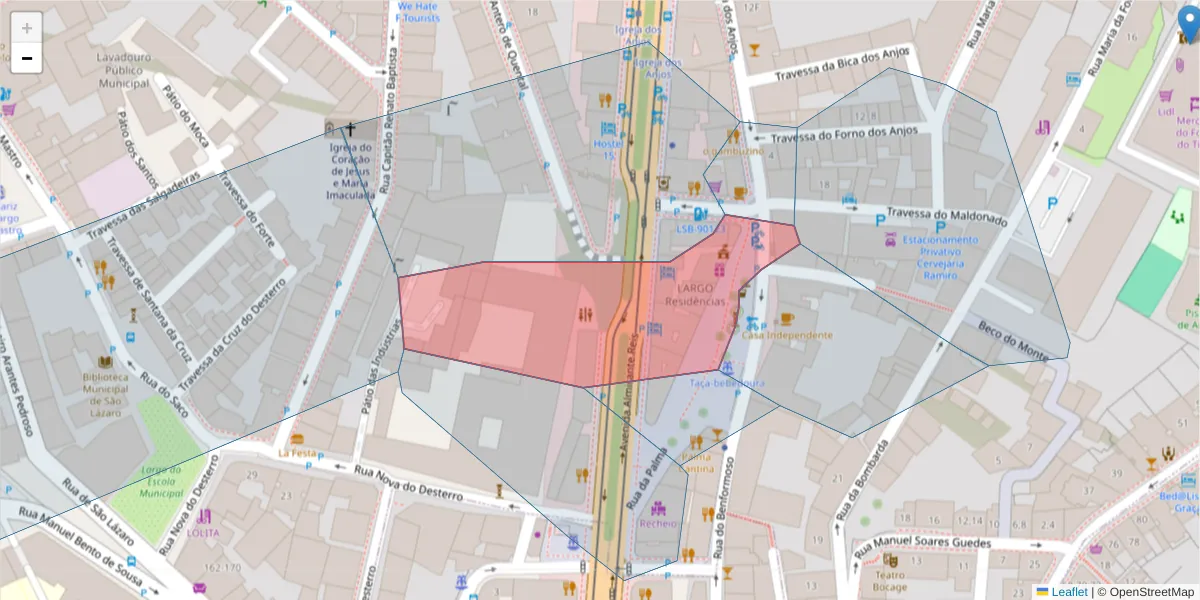 Mapa detalhado do código postal 1100-285 com limites, códigos postais vizinhos e agências dos correios