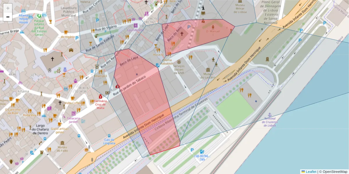 Mapa detalhado do código postal 1100-287 com limites, códigos postais vizinhos e agências dos correios