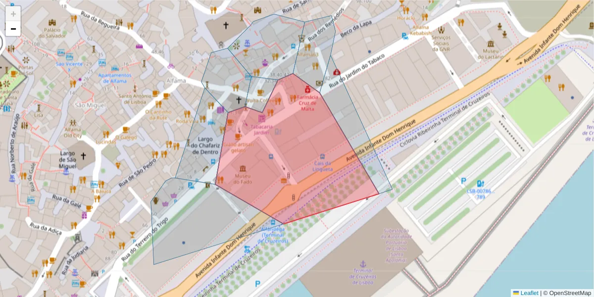 Mapa detalhado do código postal 1100-288 com limites, códigos postais vizinhos e agências dos correios