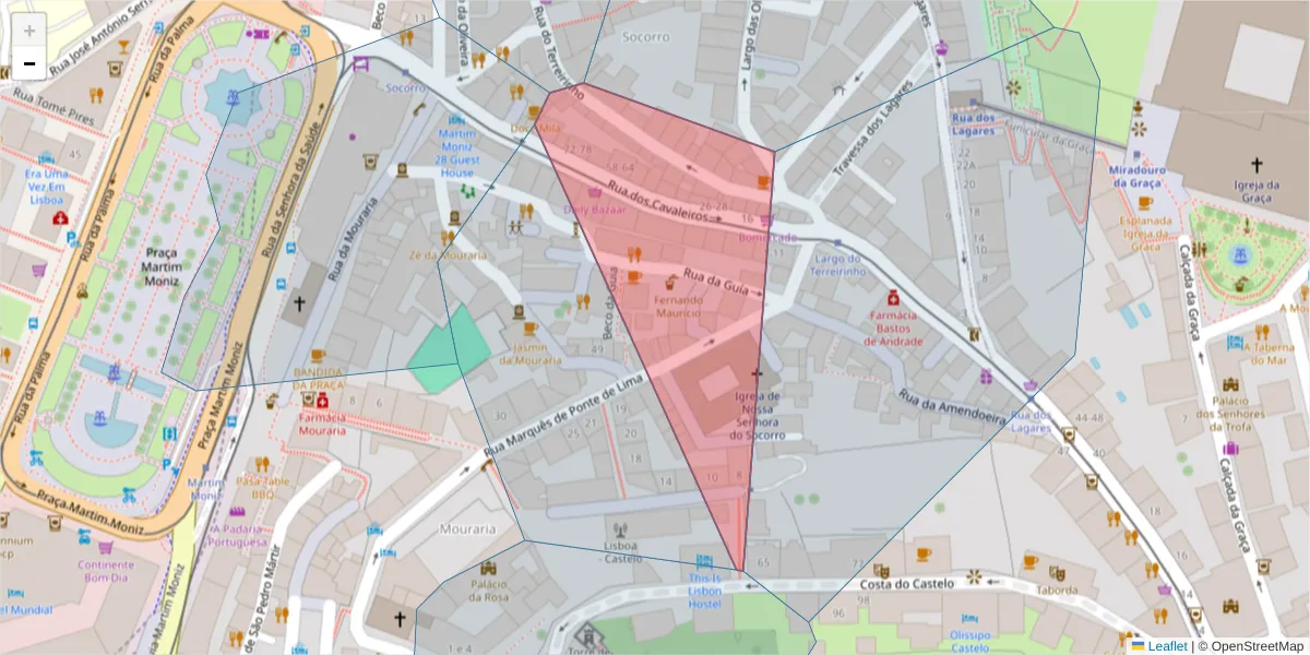 Mapa detalhado do código postal 1100-335 com limites, códigos postais vizinhos e agências dos correios
