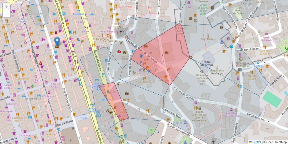 Mapa detalhado do código postal 1100-340 com limites, códigos postais vizinhos e agências dos correios