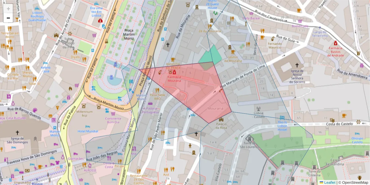 Mapa detalhado do código postal 1100-364 Socorro com limites, códigos postais vizinhos e agências dos correios