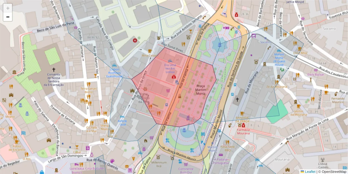 Mapa detalhado do código postal 1100-390 com limites, códigos postais vizinhos e agências dos correios