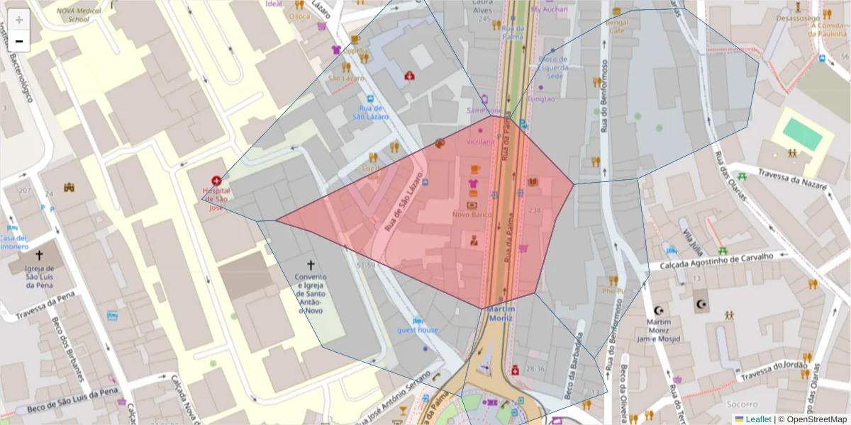 Mapa detalhado do código postal 1100-391 com limites, códigos postais vizinhos e agências dos correios