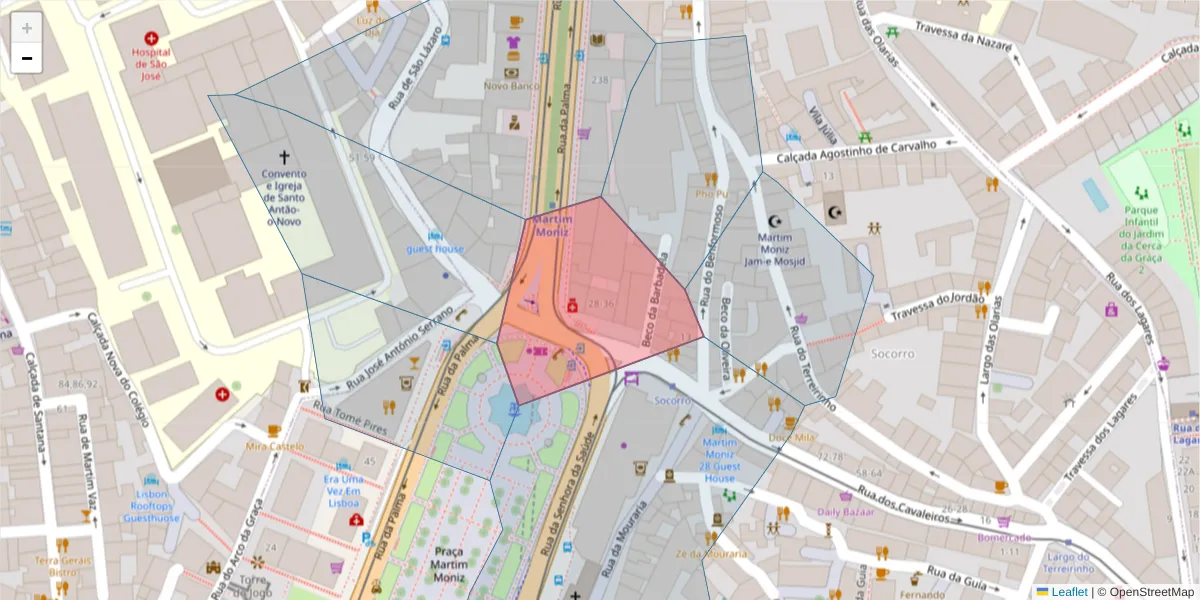 Mapa detalhado do código postal 1100-394 Santa Justa com limites, códigos postais vizinhos e agências dos correios