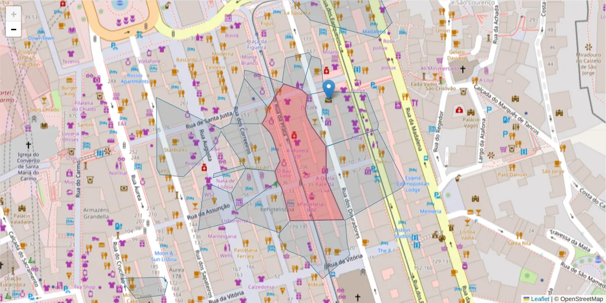 Mapa detalhado do código postal 1100-422 com limites, códigos postais vizinhos e agências dos correios