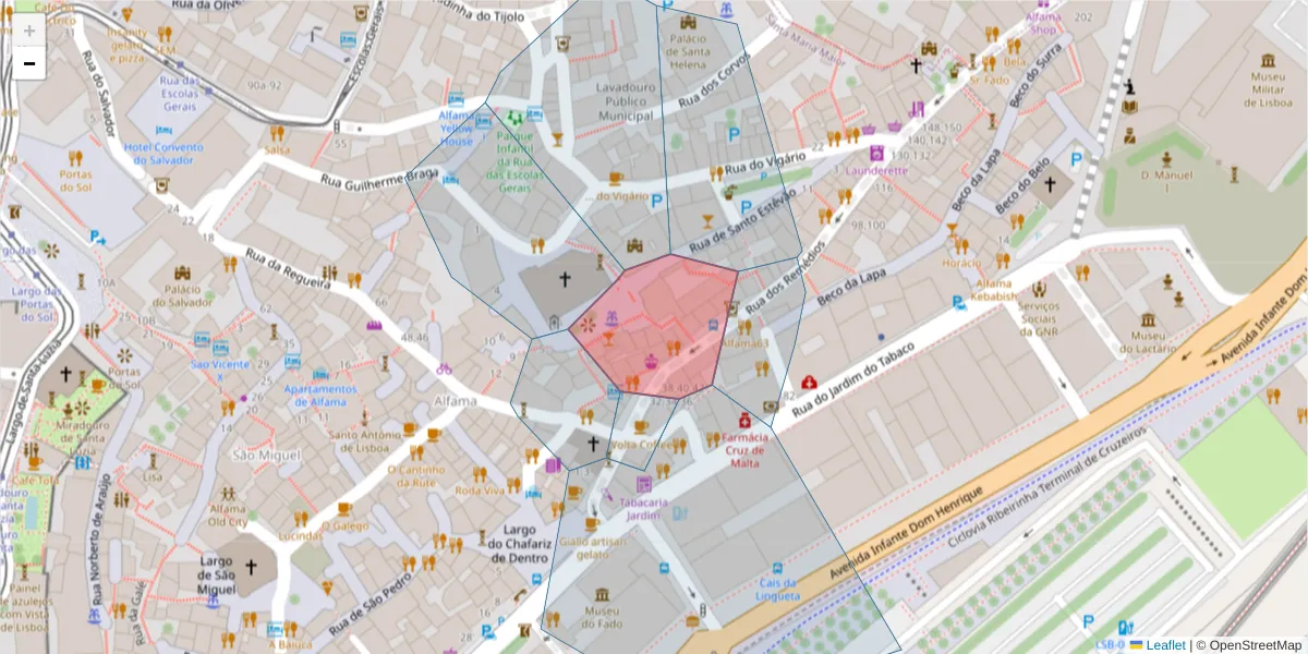 Mapa detalhado do código postal 1100-441 com limites, códigos postais vizinhos e agências dos correios
