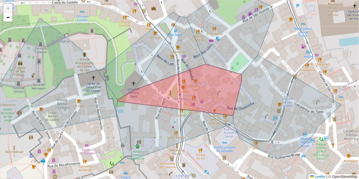 Mapa detalhado do código postal 1100-464 com limites, códigos postais vizinhos e agências dos correios