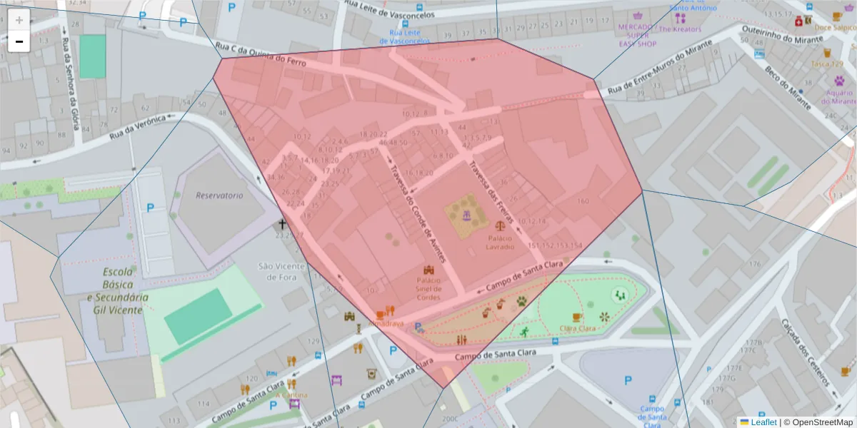 Mapa detalhado do código postal 1100-474 com limites, códigos postais vizinhos e agências dos correios