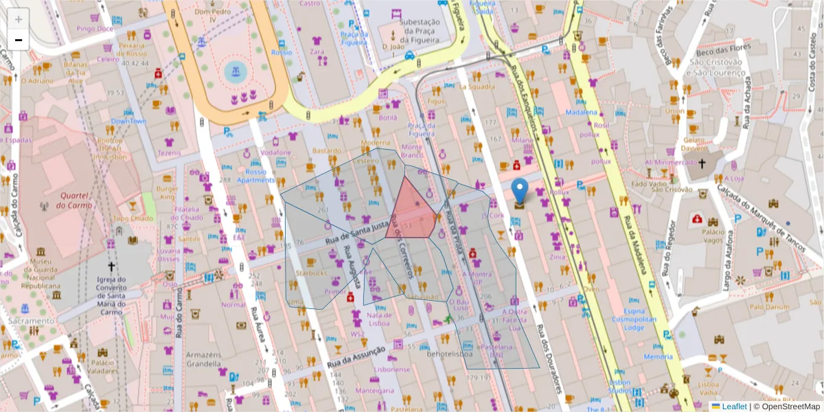 Mapa detalhado do código postal 1100-485 com limites, códigos postais vizinhos e agências dos correios