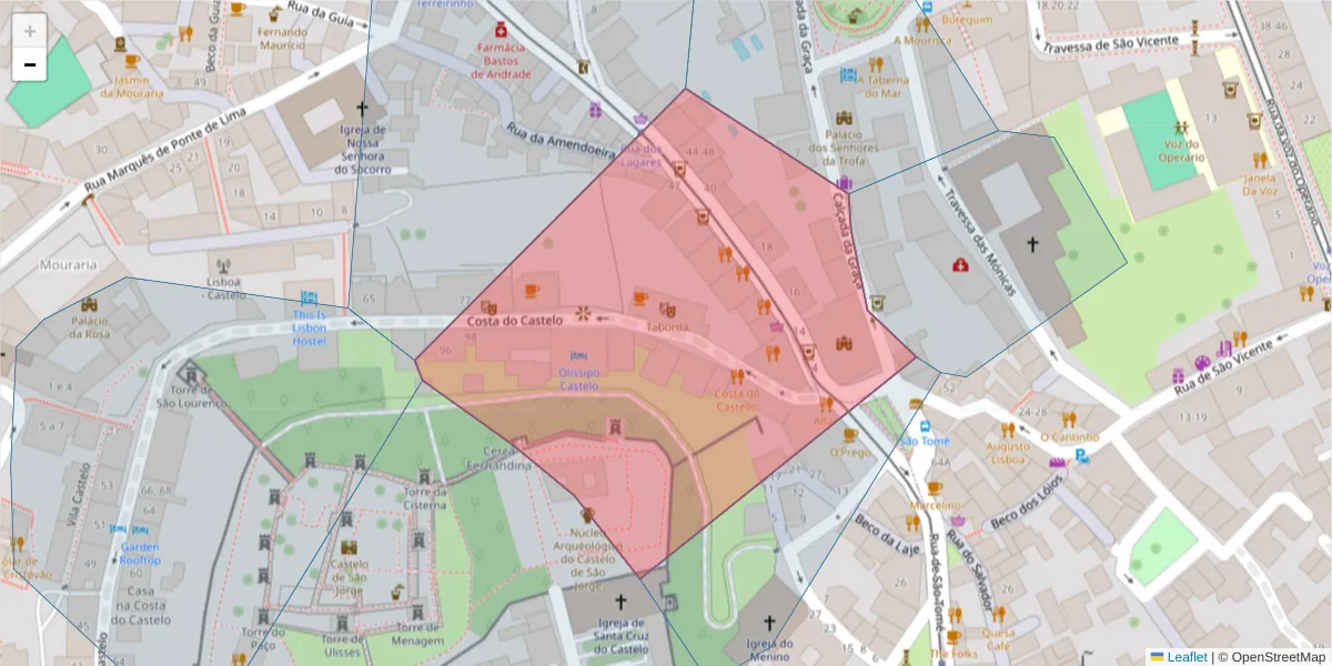 Mapa detalhado do código postal 1100-495 com limites, códigos postais vizinhos e agências dos correios
