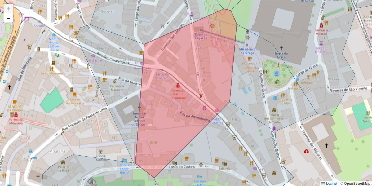 Mapa detalhado do código postal 1100-496 Socorro com limites, códigos postais vizinhos e agências dos correios