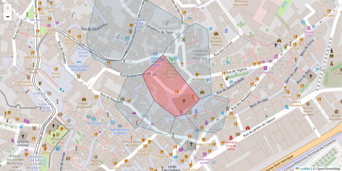 Mapa detalhado do código postal 1100-505 com limites, códigos postais vizinhos e agências dos correios